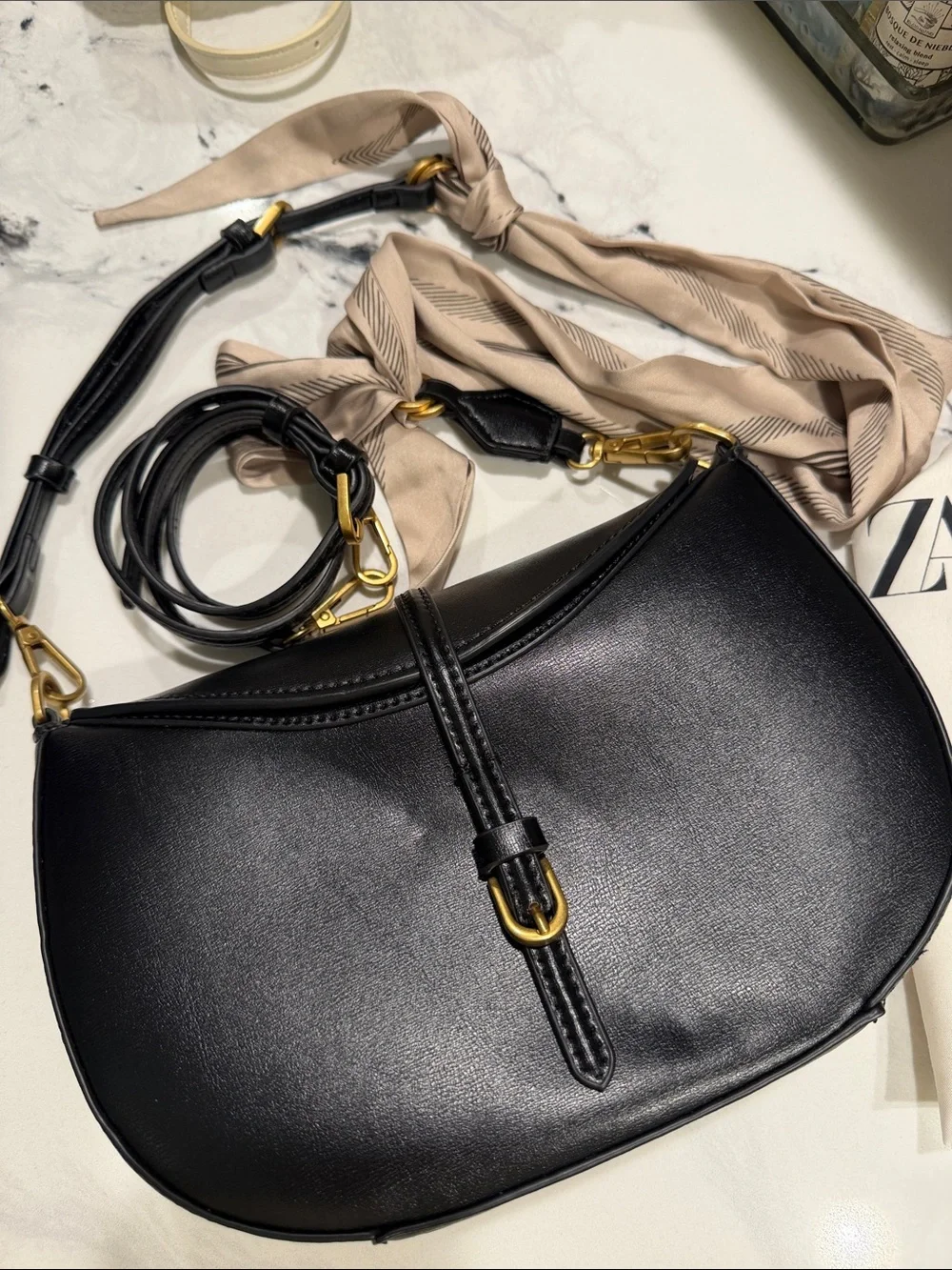 Zara Black Crescent Crossbody Bag with Beige Scarf